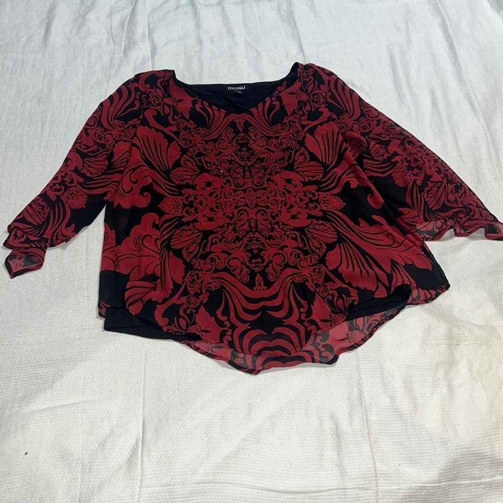 **$8 FINAL SALE** Roz & Ali Red Black Rhinestone 3/4 Sleeve Blouse Petite Large